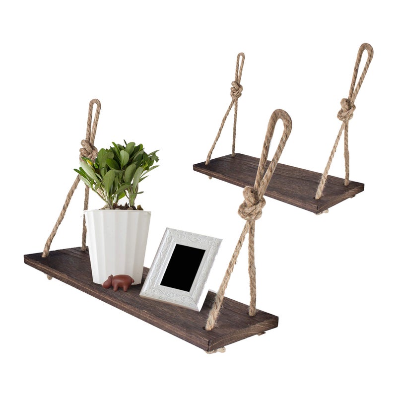 Yankario Rope Hanging Floating Shelves, Rustic Wood Wall Decor Swing Shelf with 4 Hooks, Pack of 2 - Image 1